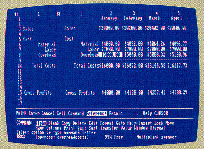 This simple balance sheet was generated using Multiplan. The program displays its command menus along the screen bottom